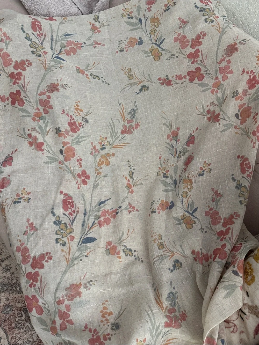 Set of Four 95” Muted Floral Semi Sheer Linen-Blend Window Curtain Panels